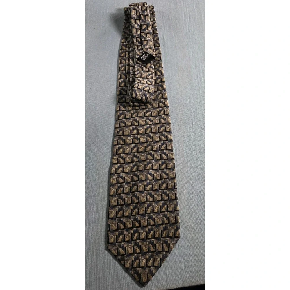 Barrington Mens Geometric Silk Blend Tie Blue Gold Tan Patterned Necktie